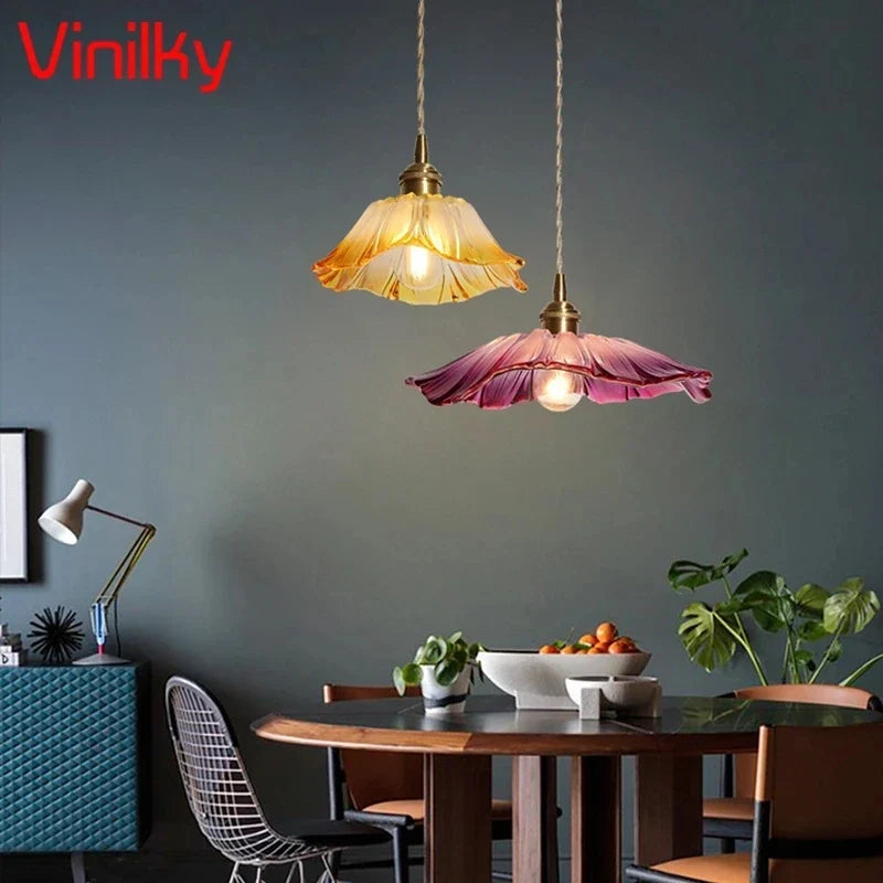 Suspension Japonaise Laiton & Verre Fleuri