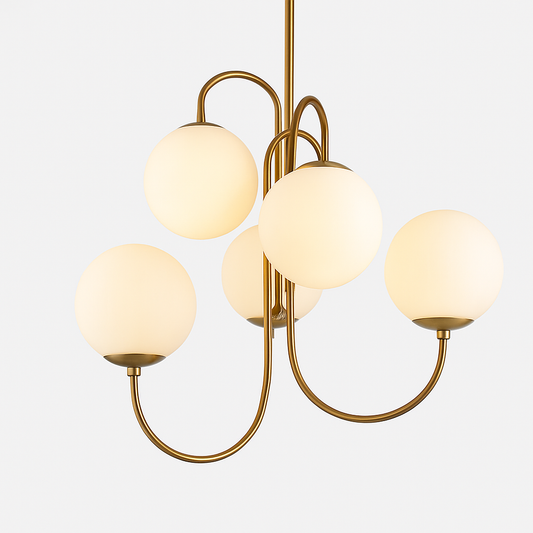 Lustre Design Doré Verre Blanc 6 Lumières LED