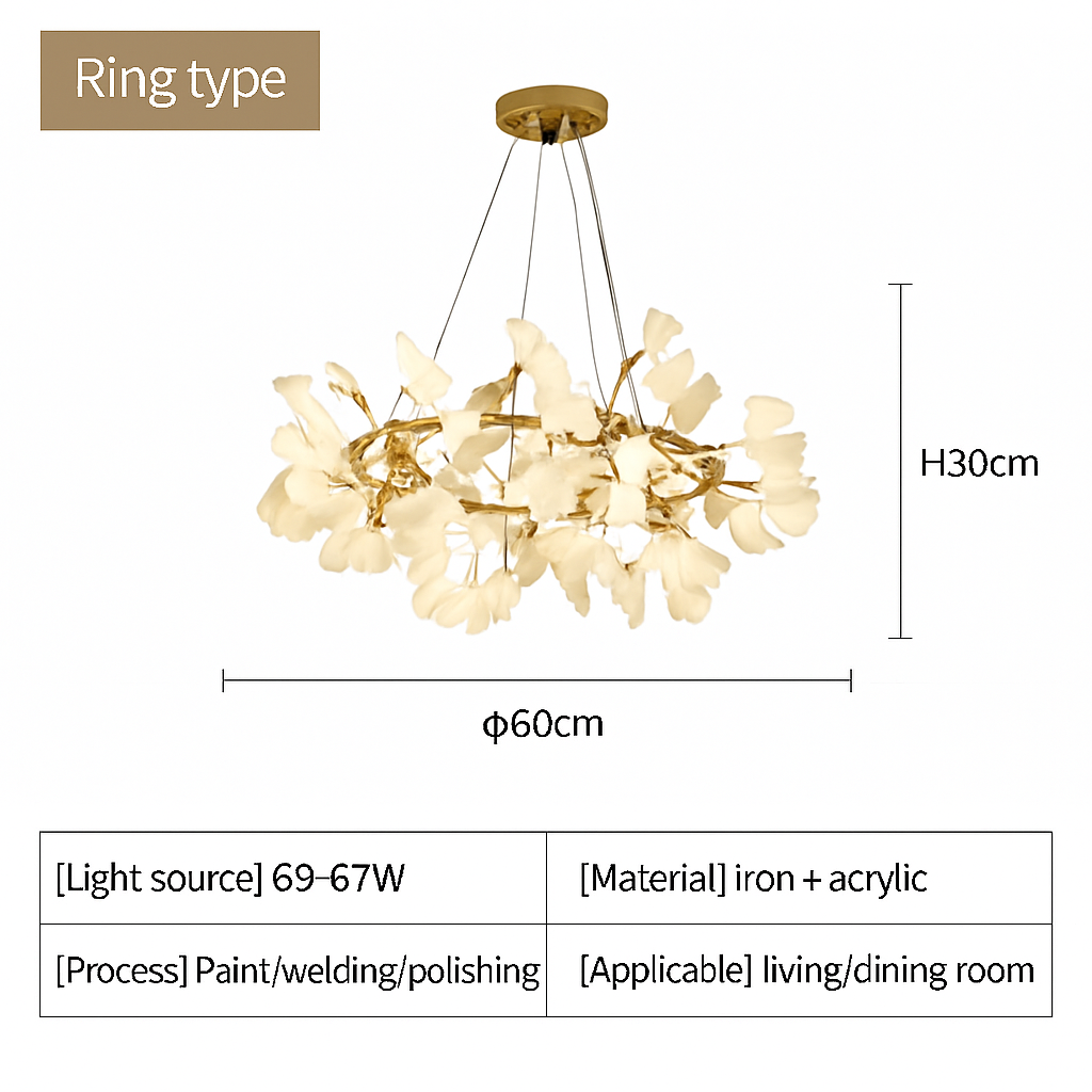 Lustre LED Feuille Ginkgo Design Moderne Métal Doré ou Noir