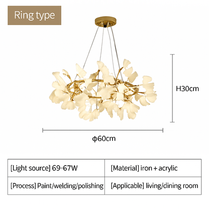 Lustre LED Feuille Ginkgo Design Moderne Métal Doré ou Noir